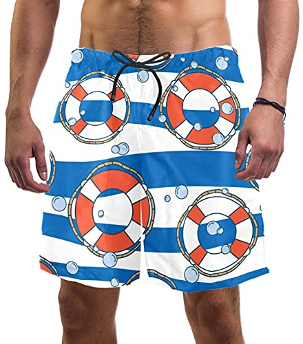 Herren Strandshorts Schnell trocknend mit Taschen Badehose Badeanzüge für Herren Rettungsring Wasser Blau Weiß Wellen Streifen, Mehrfarbig, Einheitsgröße L