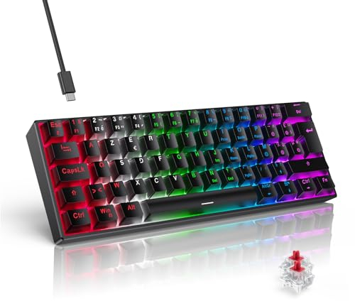 TECURS Clavier Gamer Mecanique - Clavier Gaming 60 Pourcent Azerty Filaire, Switchs Rouge, LED Rétroéclairé, Clavier Mini pour PC/Windows/PS5/PS4, Noir