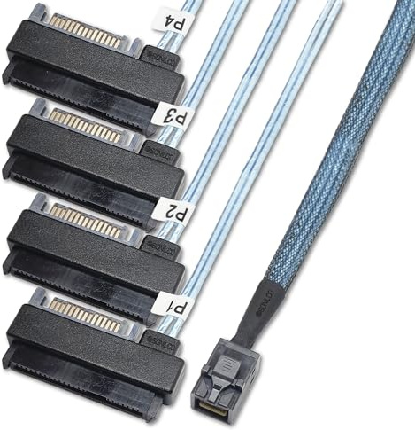 Sonilco Storage Configurations Cable Mini SAS HDD SFF-8643 to 4 SFF-8482 with 15-pin Power Port Cord (1 Cable, 0.5 Meter / 1.6 Feet)