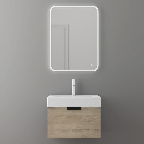doporro Badmöbelset Waschtisch mit Unterschrank 60x45x48cm Unterschrank mit Mineralguss-Waschbecken Waschplatz inkl. LED-Spiegel in Eiche Greige Lonato