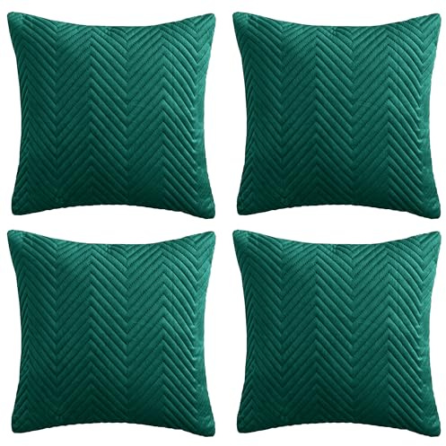Hafaa Cushions with Covers Included 45 x 45 Cm Set of 8 (4 Emerald Cushion Covers, 4 Cushion Inserts) Ultrasonic Velvet Square Throw Pillow Case Decorative Sofa Cushion with Invisible Zipper