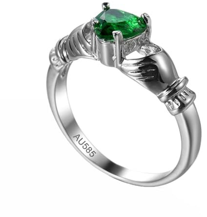Epinki Weiß Gold Au585 14 Karat Hochzeitsring, Claddagh-Hand Eheringe mit Labor Erstellt Smaragd Grün, 14K Gold Trauringe Echt Goldschmuck, Gr.61 (19.4)