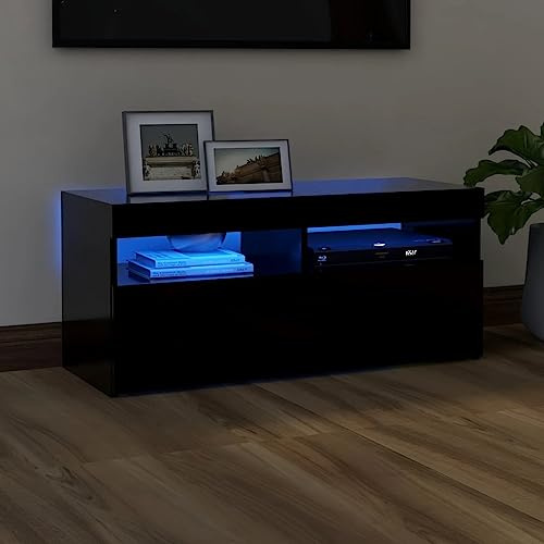TJROO TV-Schrank mit LED-Lichtern, schwarz, 90 x 35 x 40 cm, aus mehrschichtigem Holz, Vitrinenschrank mit LEDs für Wohnzimmer, TV-Konsole mit Türen