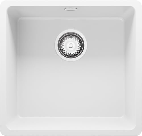 PRIMAGRAN Fregadero bajo Encimera al Mueble 50cm + Kit de desagüe, 46x44cm | Set: Kit de desagüe (sifón, válvula, rebosadero) + Venecia Easy 1 Seno para Cocina, Blanco