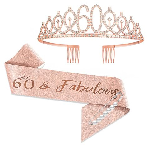 YongHang 60 Geburtstag frau Deko Schärpe und Tiara Rose Gold 60. Geburtstag Geschenke Krone für Birthday Party Dekorationen Geschenk zum 60 geburtstag frauen