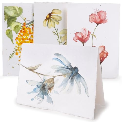 WANDERINGS Cartes de Vœux Vierges Artisanales à Bords Frangés et Enveloppes avec Motifs Floraux – Papier Épais 300 GSM – 20 Cartes (5 de Chacune des 4 Variétés) pour Invitations, 13x18 cm