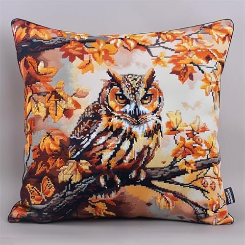 kitphoenix Kreuzstichkissen,Stickset für Kreuzstichkissen,Stickset Anfänger Eule Bastelsets für Erwachsene,Stickkissen, Anfänger, Handstickerei-DIY 40x40cm