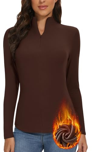 WOWENY Damen Thermo Langarmshirt 1/4 Reißverschluss Fleece Gefüttert Oberteil Stehkragen Pullover Half Zip Sweatshirt Warm Langarm Tops Braun,S