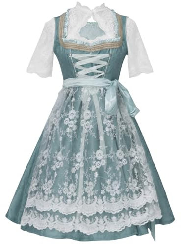 Dirndl Damen Midi 3 Teilig - Trachtenkleid Damen Samt,Dirndlkleid Damen Grün Rosa mit Dirndlschürzen Dirndlbluse Spitze Tracht Trachtenrock Trachtenmode Oktoberfest Outfit für Frauen