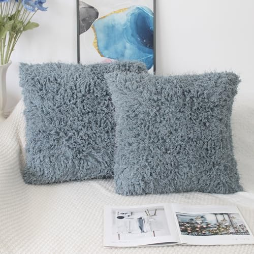 OYIMUA Kissenbezug 45x45 Blue 2er Set Flauschig Plüsch Deko Kissenbezüge Quadratisch Kissenhülle Kuschelkissen Felloptik Luxus Sofakissen Weich Fellkissen Deko Aesthetic Couchkissen