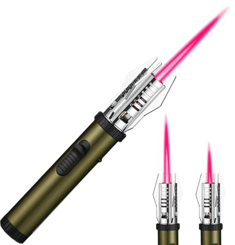 Jetflamme Feuerzeug, Gas nachfüllbar, sturmfest, einstellbare Flamme, winddicht, abschließbar für Grill, Kamin, Camping (Ohne Butangas) (Grün)