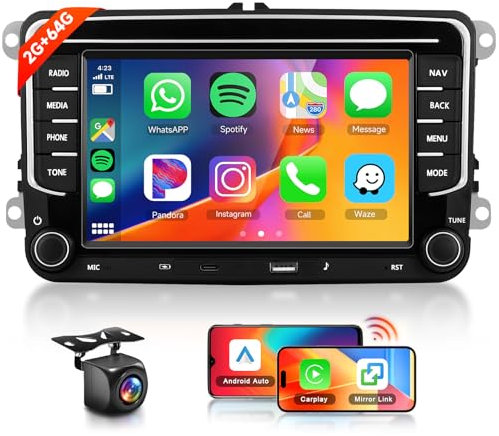 【2+64G】 Hodozzy Radio Coche Carplay para VW Passat Golf Seat Altea Skoda Octavia con USB/USB-C, Autorradio Bluetooth de 7 Pulgadas con Android Auto/WiFi/GPS/RDS/FM+Telecamera Retromarcia