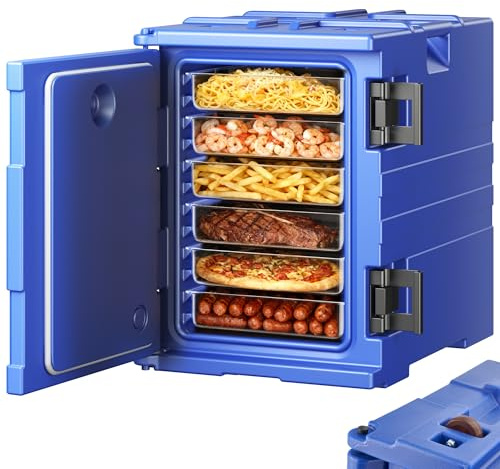 VEVOR Conteneur Isotherme pour Bac Gastronorme 90 L, Boîte de Transport Alimentaire Empilable, Chargement Frontal, avec Doubles Boucles et Poignées, Porte-plateaux pour Restauration Cantine, Bleu