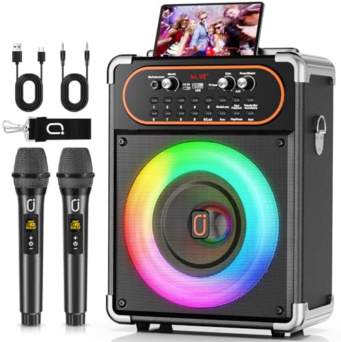 HWWR Karaoke Maschine mit 2 Mikrofonen, Tragbarer Kabelloser Lautsprecher Party Musik Box mit LED-Leuchten, Bluetooth Karaoke Maschine System PA Anlage unterstützt TWS/USB/TF-Karte/AUX/FM
