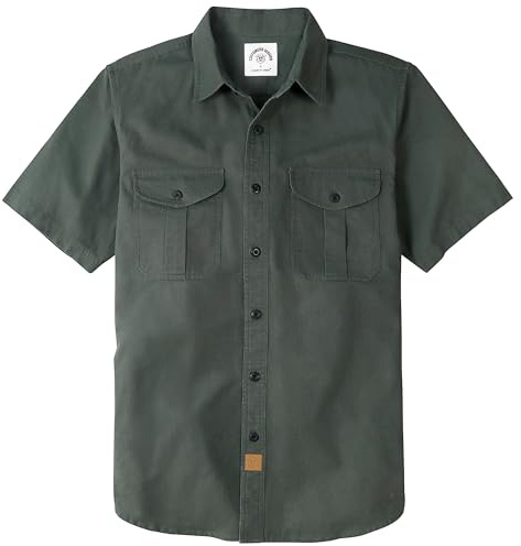 Dubinik® Camisas Hombre Manga Corta Elasticidad Regular Fit Trabajo Casual 2 Bolsillos Botón Algodón Verde Militar S