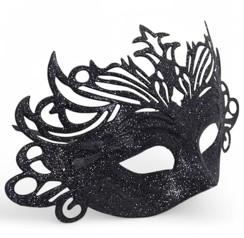 MIJOMA Augenmaske mit Glitzer – elegante schwarze Karnevalsmaske aus Kunststoff mit Satinbändern
