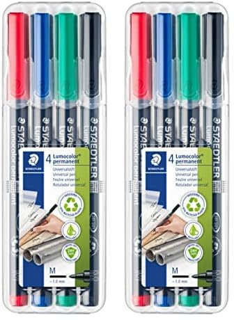 Staedtler permanenter Universalstift Lumocolor, wisch- und wasserfest, sekundenschnell trocken, nachfüllbar, Linienbreite 1 mm, 4 Marker in sortierten Farben in stabiler Box, 317 WP4