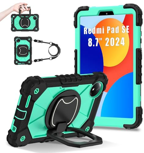Custodia protettiva per tablet Case Compatible with Xiaomi Redmi Pad SE 8.7/Redmi Pad SE 4G Released 2024 Rugged Shockproof Cover,Protective Case W 360 Swivel Kickstand+Hand Strap+Shoulder Strap(Black