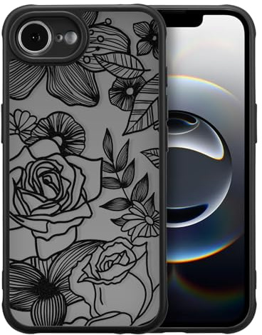 XIZYO Niedlich Rose Blume Hülle für iPhone 16e/17e 6,1 Zoll, Schwarz | Ästhetisch Rose Floral Muster, Luxus Vintage Mädchen Stil, Schlanke Dünne, Matt Transluzent Gestaltung, Stoßfest Anti-Gelb