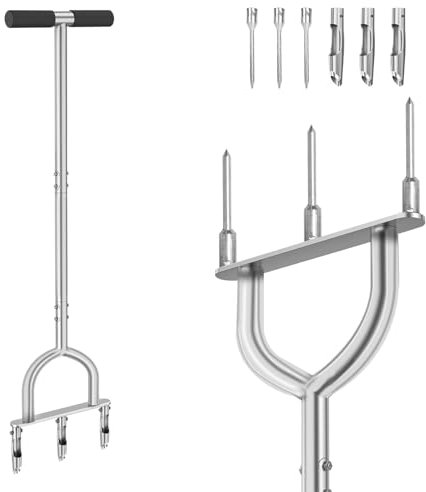 Aeratore manuale per prato con picchetto, strumento portatile 2 in 1 per carotaggio del prato con 3 denti cavi, manico a T, scarificatore per erba resistente, strumento di ventilazione per pavimenti