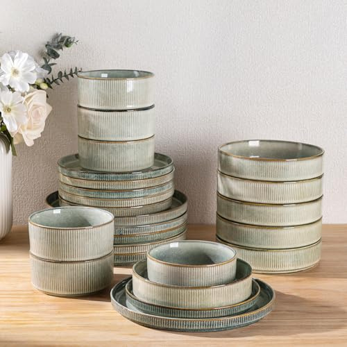 GBhome Stoneware Dinner Sets with Pasta Bowls for 6 People, 24 Pieces Reactive Glaze Handcrafted Plates and Bowls Set, Scratch Resistant Dinnerware Set, Dishwasher & Microwave Safe, Desert Sage