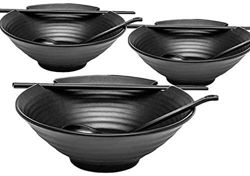 Juego de 3 tazones japoneses para Sopa de Fideos Ramen de 37 onzas, de melamina, de plástico Duro, con Cuchara y Palillos a Juego para tazones de Fideos asiáticos Udon Soba Pho y Cereales.
