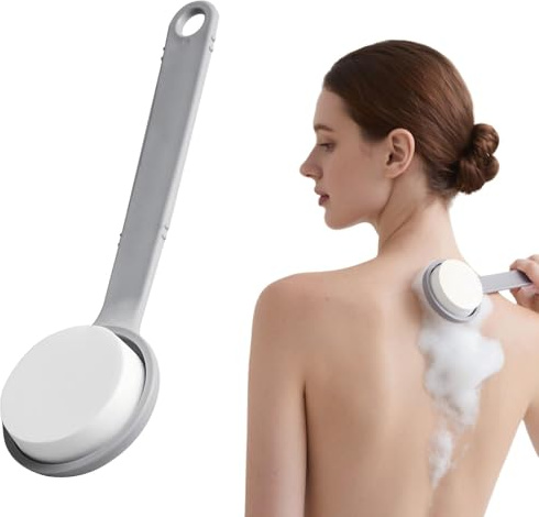 Shower Body Brush with Sponge Loofah, Soft Body Brushes Back Scrubbers Bath Dry Brush Mesh Sponge with 29CM Long Handle for Men and Women (Grey)