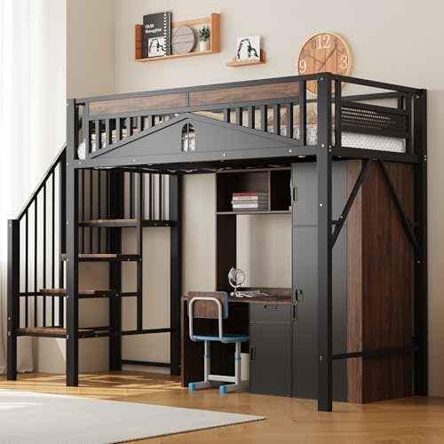 NNJN Letto a soppalco in metallo, unico bordo di sicurezza con finestra e scala, spazio sufficiente sotto il letto per rivestimento in tessuto libero (nero, 90 x 200 cm)