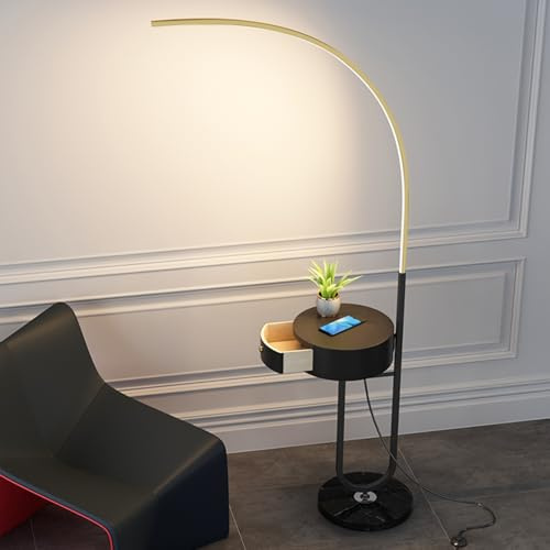 Labasuan Lámpara de pie arqueada de mediados de siglo, moderna lámpara de pie de arco con mesa y cajón, lámpara de mesa auxiliar de altura ajustable, luz de lectura de 3 temperaturas de color