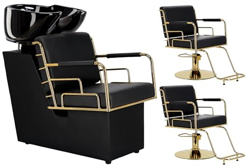 Calissimo Set Model Zion bestehend aus einem Friseurwaschbecken mit einem Keramik Waschbecken inkl. Armaturen und Zwei hydraulischen Friseurstühlen mit Fußstützen bezogen mit Kunstleder