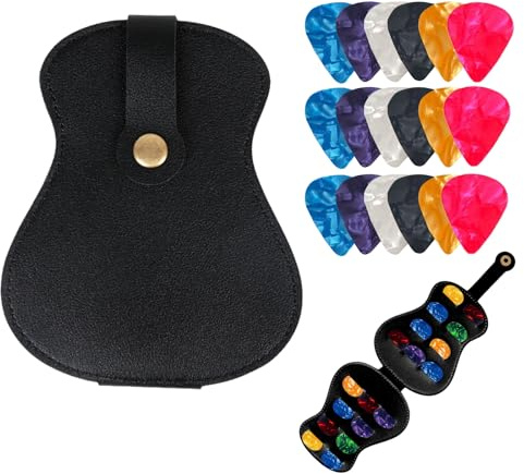 18 Stück Plektren für Gitarre mit Schwarz PU-Leder Plektren-Organizer – Universelles Gitarrenplektrum, perfekt für E-Gitarre, Akustikgitarre und Bass (4 Stärken: 0.50mm, 0.75mm, 1.00mm, 1.20mm)