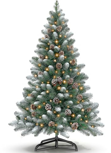 Kidsgigglz Sapin de Noël Lumineux 150 cm, Pommes de pin et 367 Branches, Sapin Artificiel en PVC avec Guirlande Lumineuse, 8 Fonctions Lumineuses, Support métallique, pour l'intérieur et l'extérieur