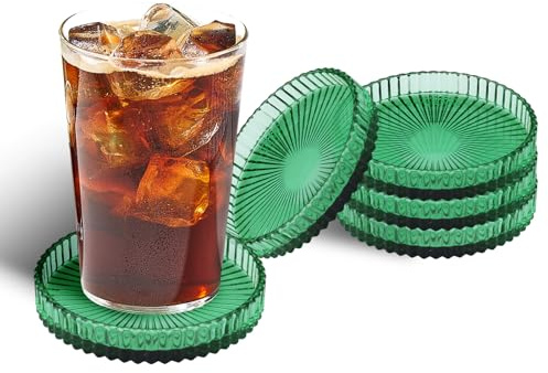 5 Pieces Green Glass Coasters Set, Crystal Drink Coasters Decorative, Clear Round Cup Mat Modern Candle Stand Holder Plate Vintage for Table Kitchen Bars Office Cute Home Dining Room (5Pcs)