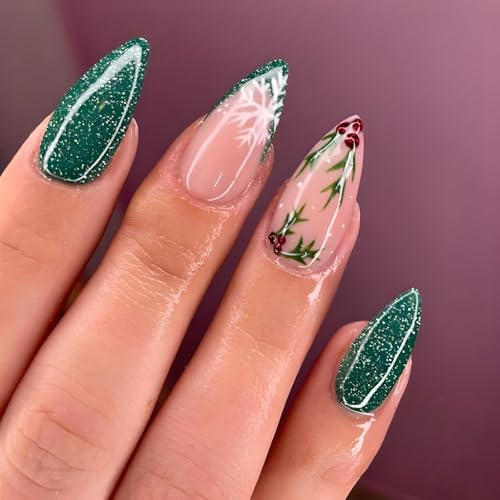 Evadollina Christmas Press On Nails, 24 Stück Press On Nails Weihnachten, Nägel zum Aufkleben, Fingernägel zum Aufkleben, Weihnachts-Nagelkunst in Rot und Grün