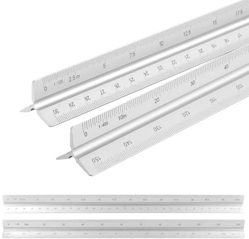 LDXDRU 2 Stück Maßstab Lineal, 30CM Architektonisches Lineal aus Aluminium Dreieckig Aluminium Metrische Skalen1:20, 1:25, 1:50, 1:75, 1:100, 1:125/1:100, 1:200, 1:250, 1:300, 1:400, 1:500 Silber