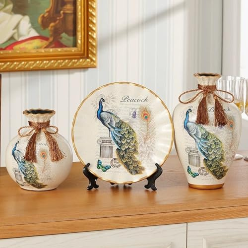 Juego de 3 piezas de decoración de cerámica retro europea, diseño de pavo real, jarrones y platos, estilo vintage