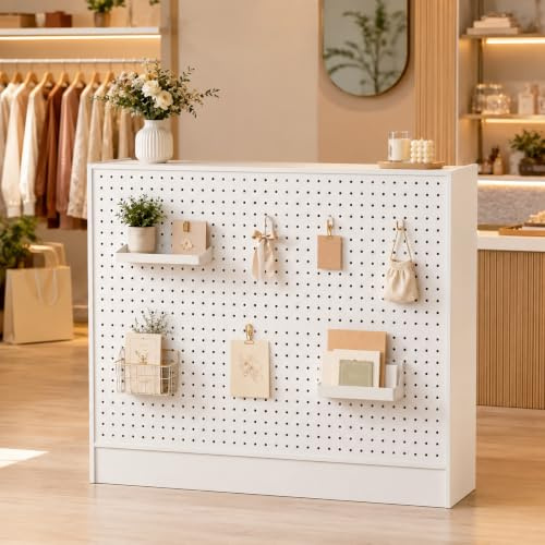 PREMTURE Empfangstheke Weiß, 120 x 110 x 50 cm, Rezeptionstheke mit Lochwand, Eisen, Empfangstresen, Salon Empfangstheke, Kassentheke, Empfangstisch, Büro