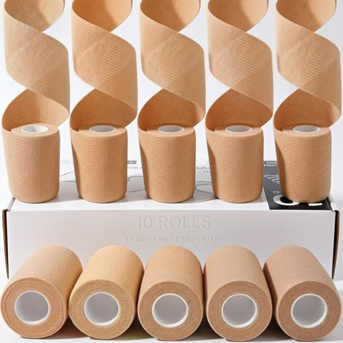 HONYAO Självhäftande Bandage 10 Rullar, 7,5cm x 4,5m Self Adhesive Bandage för Hundar Katter, Kohäsiv Binda för Sport Handled Fotled Sträckning Vrickningar Svullnad Första Hjälpen, Beige