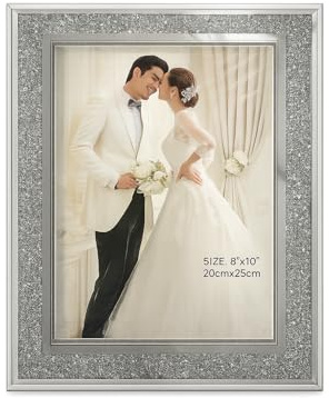 Silver Sparkle Crushed Diamond Photo Frame, 8x10 Inch (20x25cm), Glass Mirror Frame with Crystal Glitter, Wall or Table Display for Home, Office, Wedding Gift
