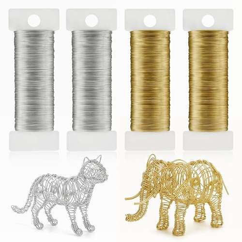 Craft Wire, 0.3mm, Mixed Colour 4 Rolls Thin Jewelry Wire | Soft Flexible Florists Wire for Wreaths Floral Binding Garden Flower Arrangements DIY Crafts Gold Silver 656ft