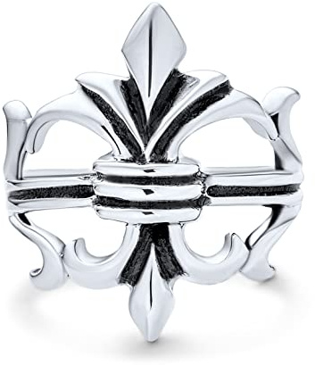 Bague Sceau Unisexe En Argent Sterling .925 Oxydé Style Antique Religieux Fleur De Lis Symbole Maçonnique