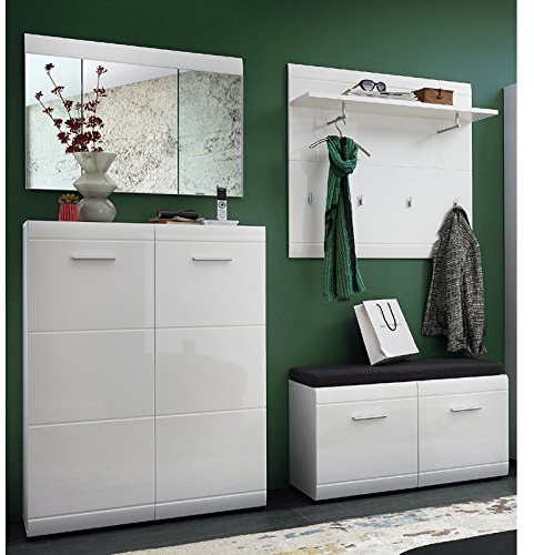 Lomadox Komplett Garderoben Set ● 4-teilige Flurgarderobe Flurmöbel in Hochglanz weiß ● Schuhschrank, Bank mit Polster, Spiegel, Wandpaneel ● Made in Germany