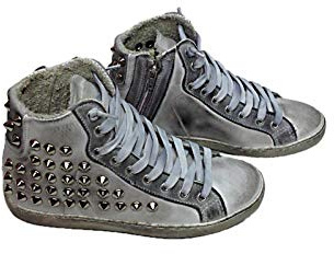 VIA CONDOTTI Scarpe Sneaker Alte Uomo Pelle Bianco Ghiaccio sfumato Borchie Cono