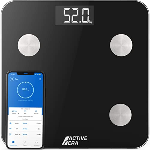 Active Era® Smart Body Fat Scales - Bluetooth Digital Bathroom Scales with 15 Essential Features - High Precision Body Weight, Body Mass Index (BMI), Visceral Fat - Free Smartphone App (Black)