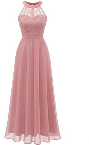 WedTrend Damen Spitzenkleid Brautjungfer Kleid Lang Chiffon Abendkleid Party Cocktailkleid Neckholder Sommerkleid WT0201 Blush L