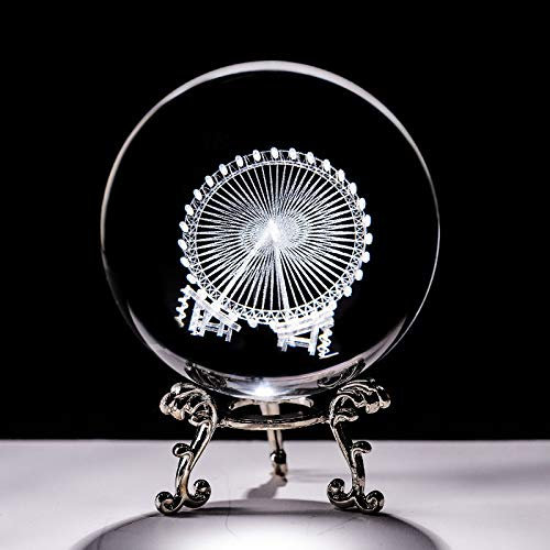 Fotokugel 6cm Kristall 3D Ball Ornamente Lasergravierter Quarz Glas Kugel Riesenrad Modell Home Dekorative Miniaturgeschenke FIGURINE Glaskugel Fotografie ( Color : With silver base , Size : 60mm )