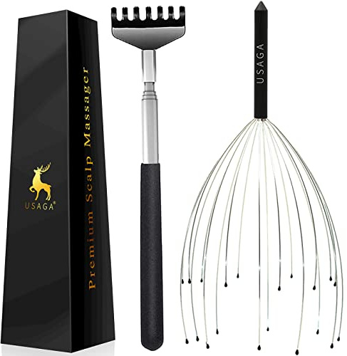 USAGA 20 Fingers Head Massager Scalp Massager Head Scratcher Extendable Back Scratcher, Stocking Stuffers Gift for Scalp Body Relaxing (Black)
