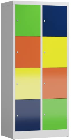 Lüllmann Schließfachschrank Fächerschrank 8 Fächer 1800 x 800 x 500 mm Spind (RAL 7035 lichtgrau, Türen RAL 6018/5010/1018/3020 gelbgrün, enzianblau, zinkgelb, verkehrsrot)