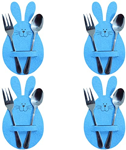 FONDUO Bestecktasche Ostern, 4 Stück Ostern Hase Besteckhalter Filz, Ostern Kaninchen Besteckbeutel, Messer Gabel Taschen Für Ostern Tischdeko, Osterbesteck Dekorationszubehör (Blau)