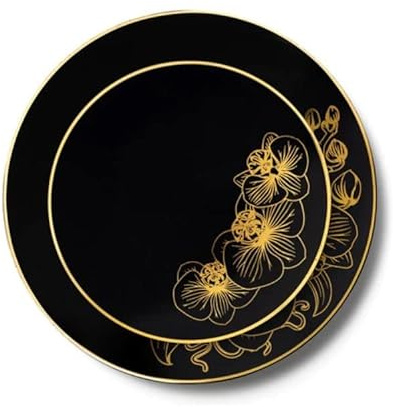Decor Decorline - Ensemble Vaisselles d'assiettes Plastic Réutilisables de 32 pièces/Pour 16 Personnes - Collection Orchid - Noir/Doré - Assiettes Dîner & Entrée Dessert (16x26cm & 16x19cm)